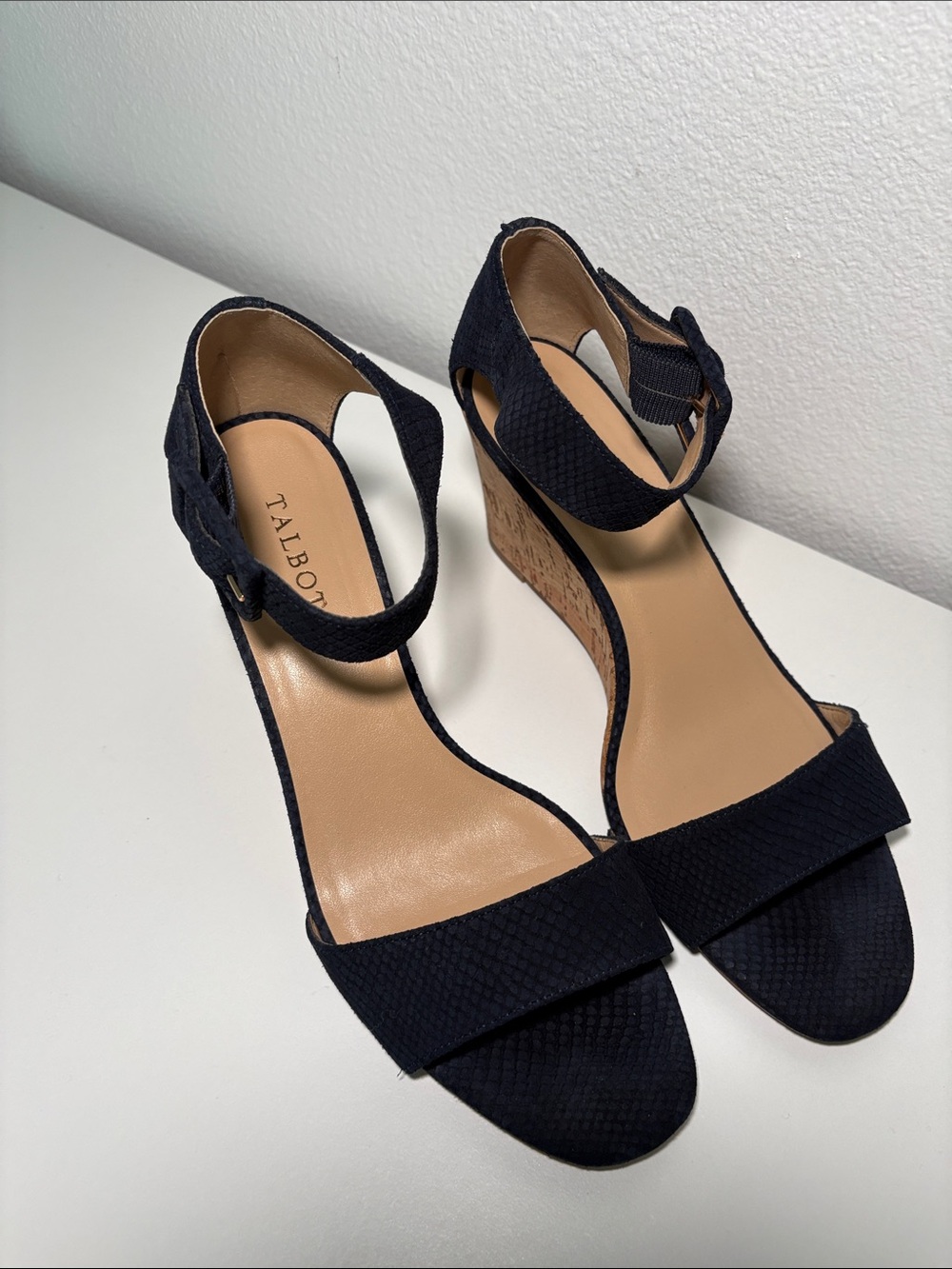 Talbots Navy Cork Wedges with Ankle Buckle - Picture 2 of 5